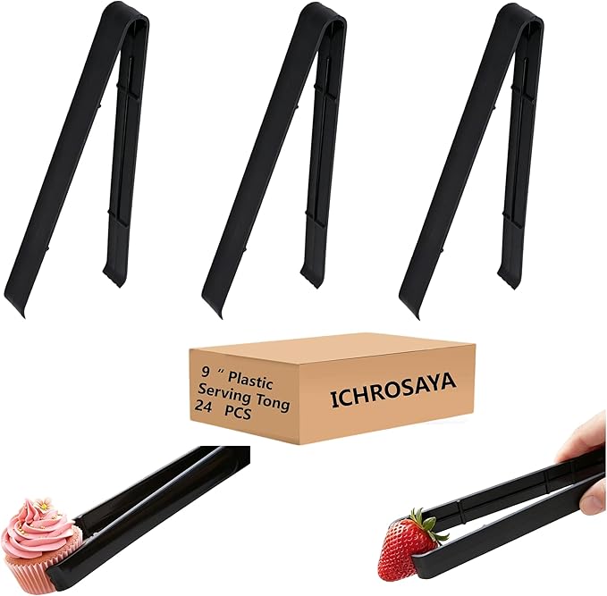 Serving Tongs 24 Pack, Plastic Disposable Salad Tongs for Buffets BBQ Party Event Catering, 9 Inch Food Safe Bulk Reusable Kitchen Utensils (24, Black) by ICHROSAYA