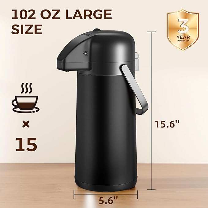 Coffee Carafe for Keeping Hot - Gezoss 102OZ / 3L Airpot Coffee Dispenser with Pump - Large Coffee Carafe for Hot Drinks Tea Liquid - Insulated Stainless Steel Hot Water Beverage for Parties,Black - Image 8