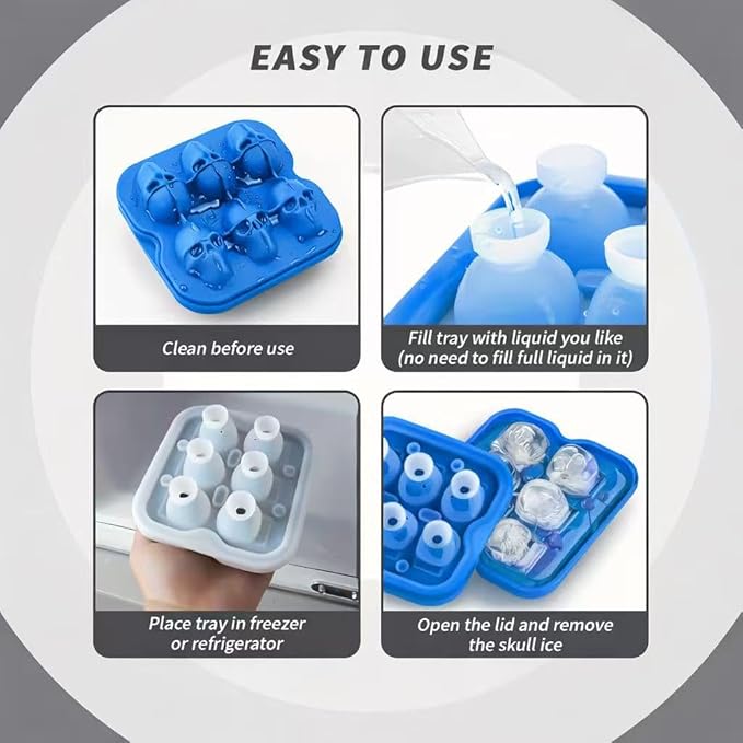 Skull Ice Cube Mold, 6-Cavity Silicone Ice Tray for Whiskey, Cocktails, and Beverages, Food-Grade Flexible Ice Maker for Halloween & Party Drinks, Easy Release & Dishwasher Safe (Blue)