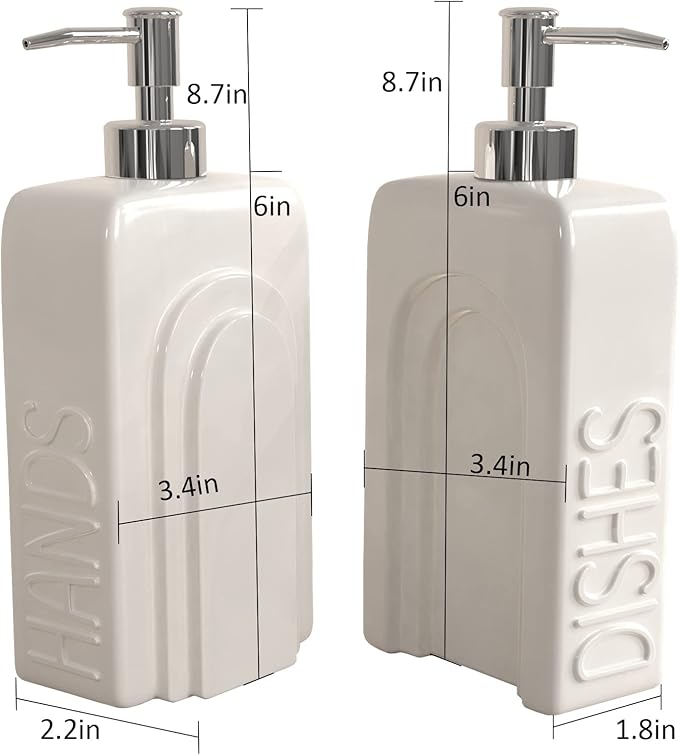 Soap Dispenser Set with Stainless Steel Pump, 2 Pack Ceramic Refillable Dish Soap and Hand Soap Dispenser for Kitchen, Bathroom, Matte White - Image 5