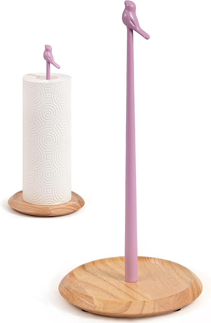 Wooden Paper Towel Holder countertop, Stylish Bird Shaped,Solid Wood Base&Iron Top, with Non-Slip Mat, Stable&Durable,Paper Towel Holder Farmhouse Style to Elevate Your Kitchen's Décor (Pink) by TOCEMEI