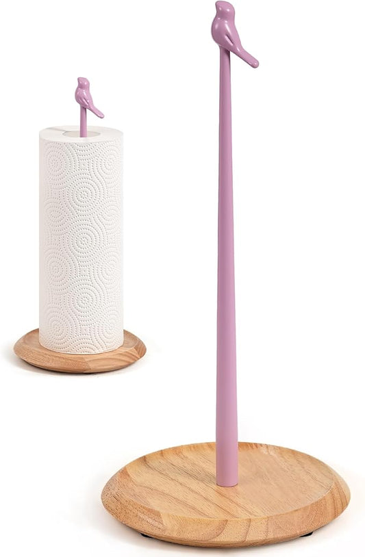 Wooden Paper Towel Holder countertop, Stylish Bird Shaped,Solid Wood Base&Iron Top, with Non-Slip Mat, Stable&Durable,Paper Towel Holder Farmhouse Style to Elevate Your Kitchen's Décor (Pink) by TOCEMEI