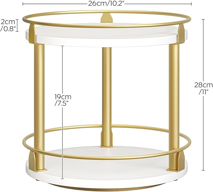 YATINEY Lazy Susan Organizer, Rotating Spice Rack, 2 Tier Spice Turntable Organizer, Industrial Turntable Spice Holder, for Kitchen Countertop and Cabinet, Compact and Versatile, White and Gold SR22DW - Image 6