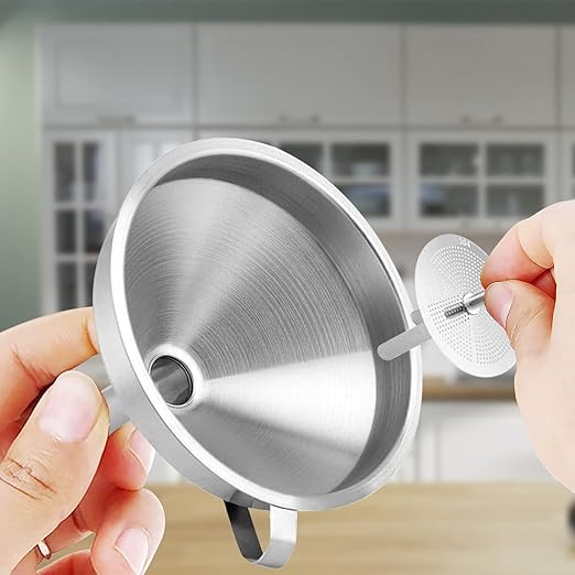 Stainless Steel Kitchen Funnel, 4.3-Inch Food Grade Metal Funnel with Strainer for Filling Bottles, Transferring Liquid, Oil, Juice, Milk - Image 3
