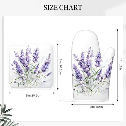 Oven Mitts and Pot Holders Lavender Watercolor Flower Floral Silicone Kitchen Accessories Set of 4 Heat Resistant Long Gloves Potholder Non-Slip Grip for Chef Cooking Baking Grilling BBQ