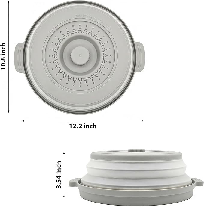 Microwave Food Cover With Handle - Collapsible And Vented Silicone Splash Guard With Tray - For Microwave Food Heating-Splash Guard Can Be Used As a Draining Basket For Washing Vegetables (Gray)