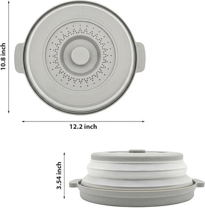 Microwave Food Cover With Handle - Collapsible And Vented Silicone Splash Guard With Tray - For Microwave Food Heating-Splash Guard Can Be Used As a Draining Basket For Washing Vegetables (Gray)
