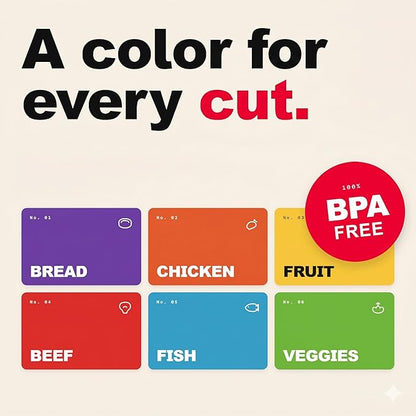 Bamboo Cutting Board Set with 6 Color Coded Mats with Food Icons, BPA-Free Non Slip Easy Clean Chopping Boards for Kitchen with Holder, Dishwasher Safe for Meal Prep & Serving, Large | Cooler Kitchen - Image 8