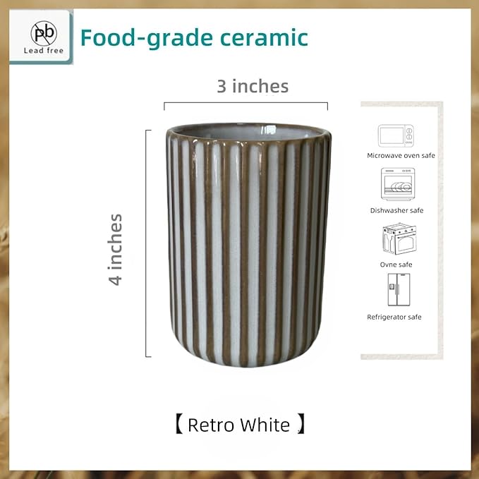 TOPYOKK Stoneware Coffee Bar Utensil Holder Tea & Coffee Spoon & Stirrer Holder for Stir Stick Straw Teaspoon Holder Spoon Cup Small Utensil Jar Fluted Vertical Stripe (Retro White) - Image 5