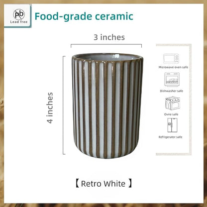 TOPYOKK Stoneware Coffee Bar Utensil Holder Tea & Coffee Spoon & Stirrer Holder for Stir Stick Straw Teaspoon Holder Spoon Cup Small Utensil Jar Fluted Vertical Stripe (Retro White) - Image 5