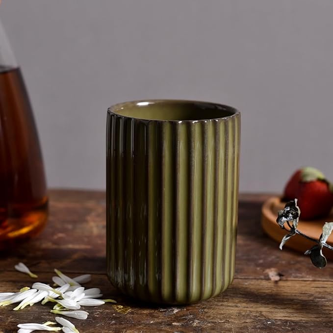 TOPYOKK Stoneware Coffee Bar Utensil Holder Tea & Coffee Spoon & Stirrer Holder for Stir Stick Straw Teaspoon Holder Spoon Cup Small Utensil Jar Fluted Vertical Stripe (Retro Green) - Image 6