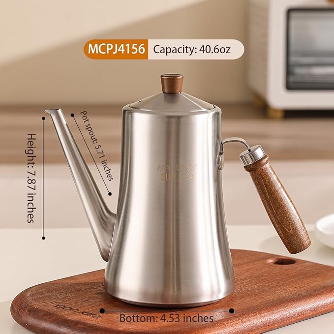 18/8 Stainless Steel Olive Oil Dispenser 1200ml/40.5oz Drip-Free Pouring Oil Pot Storage Container Wooden Handle