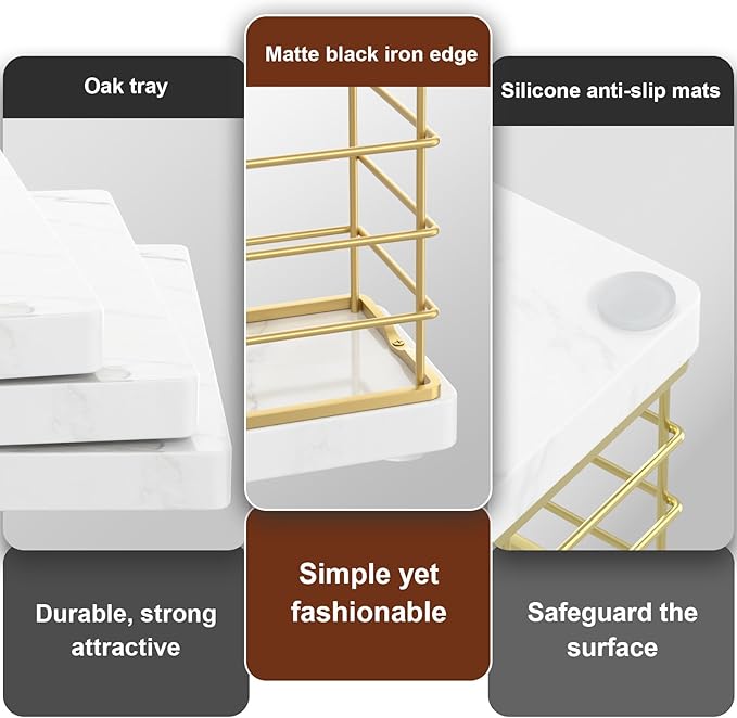 Wican Marble Vertical Stance Bathroom Napkin Holder Takes Up Less Space for Small Guest Bathroom Towel Tray for Powder Room Table Wooden Basket for Disposable Paper Hand Towels Gold and Marble White