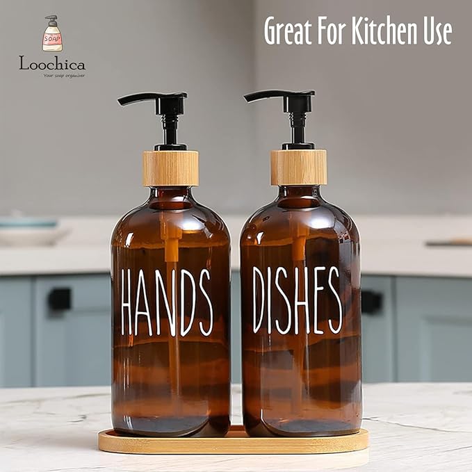 LOOCHICA Amber Glass Soap Dispenser Set with Tray, Amber Dish and Hand Soap Dispenser Set, Refillable Reusable Apothecary Soap Pump Dispenser Bottles for Bathroom and Kitchen - Image 9