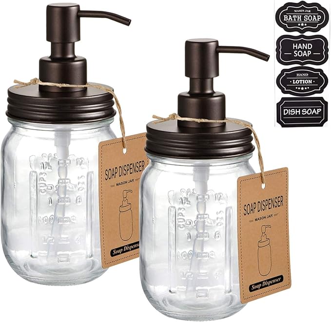 Amolliar Mason Jar Liquid Soap Dispensers, Rustproof Stainless Steel Mason Jar Lid Pump, Refill Hand Soap, Lotions, Dish Soap, Liquid Soap, Bath Soap, Farmhouse Decor for Bathroom, Kitchen 2PC(Bronze) by Amolliar