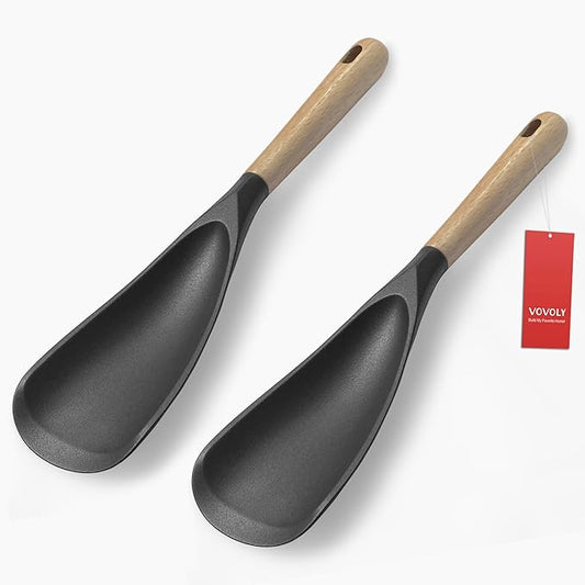 VOVOLY Cooking Spoon for Nonstick Cookingwares, Silicone Spatula Spoon for Mixing, Scoop, and Scrape, (Black-2 pack, 11.4'') by VOVOLY