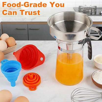 No Spill Kitchen Funnel Set, Food Grade 3 Collapsible Silicone Funnels & 1 Stainless Steel Funnel, Used for Hot Oil, Juice, Powder, Vials & More - Solves All Your Pouring Problems in the Kitchen