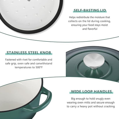 E-far 3 Qt Enameled Cast Iron Dutch Oven with Lid, Small Round Nonstick Dutch Oven Pot for Bread Baking Braising Stews Roasting Cooking, Heavy Duty, Induction & Oven Safe - Forest Green