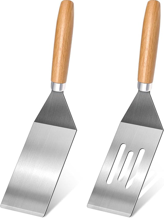 2-Piece Small Stainless Steel Spatula Set with Wooden Handles, Ideal for Flipping, Cooking, and Serving. Perfect for Brownies, Tiramisu, Cookies, Lasagna, and Pancakes.