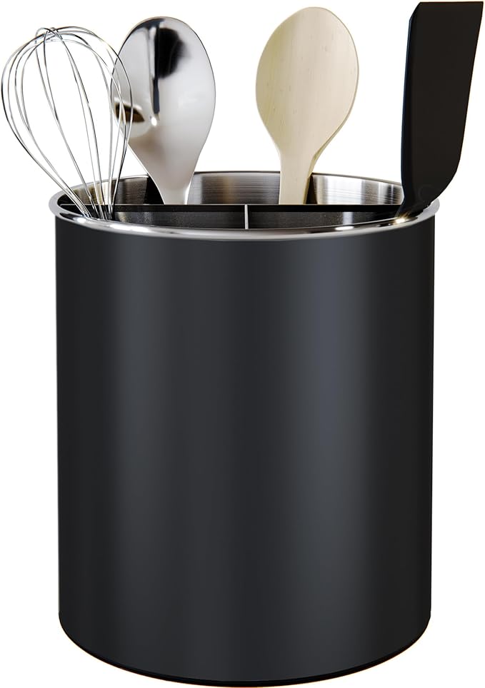 Cooler Kitchen Black Rotating Extra Large Stainless Steel Utensil Holder Caddy with Sturdy No-Tip Weighted Base, Removable Divider, and Gripped Insert - Dishwasher Safe Metal Cooking Utensil Holder - Image 7