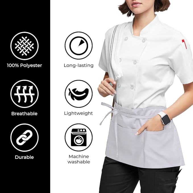 Avalon Kitchen Server Aprons with 3 Pockets, 100% Polyester Waist Apron with Pockets, 24x12 Inche Waitress Apron with Pockets