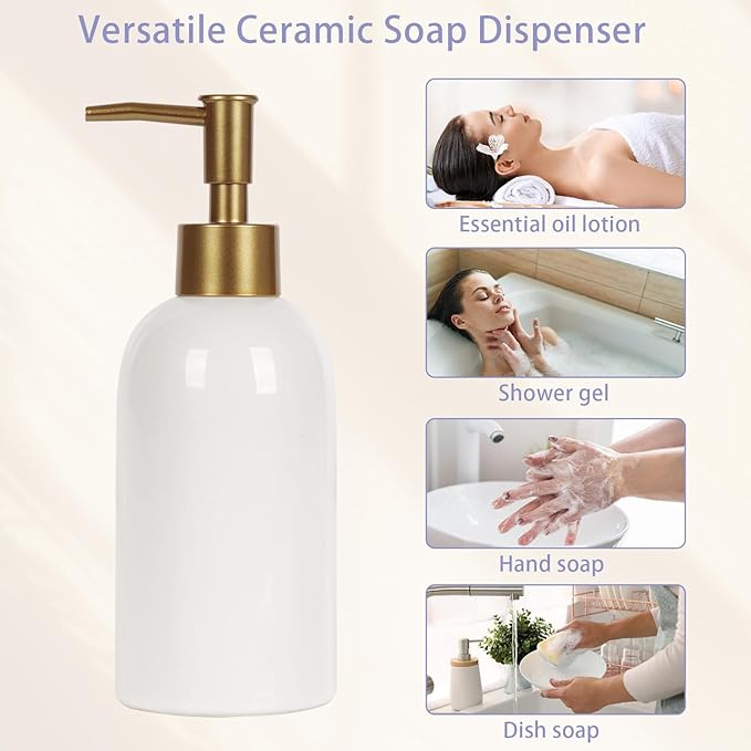 Natheeph 14OZ Ceramic Soap Dispenser Ceramic Soap Pump Dispenser Can Fill Liquid for Bathroom/Kitchen (2PC White) - Image 7