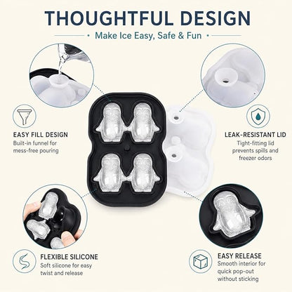 Penguin Ice Cube Tray Mold - 3D Penguin Shape Ice Cube Trays, Cute Ice Cube Molds for Whiskey Bourbon, 4-Hole Large Fun Shapes Ice Cube Trays, Funny Penguin Gifts for Penguin Lovers Women Men