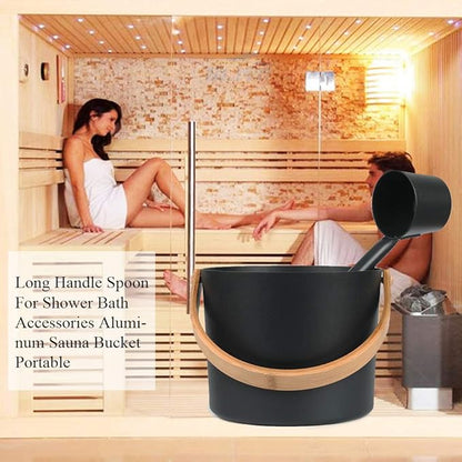 Sauna Bucket and Ladle Set, 1.85 Gallons (7L) Large Aluminum Sauna Bucket with Long Wooden Handle Spoon, SPA Shower Accessories, Saunas Accessories Set for Home Saunas (Color:Black)