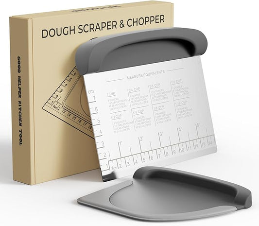 Bench Scraper Dough Cutter Tool - Bowl Pastry Scraper for Bread Cake Pizza, Bench Knife Kitchen Dough Scraper for Baking, Stainless Steel Food Scraper with Grip Handles & Measuring Scale, Grey, Gray by Matscover