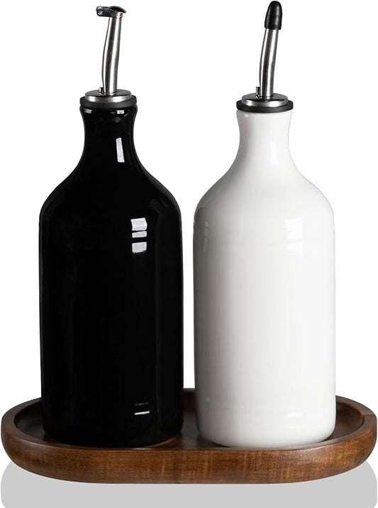Sweejar Ceramic Olive Oil Dispenser Bottle Set, Opaque Oil Cruet Protects to Reduce Oxidation, Suitable For Storage Of Vinegar, Soy Sauce & Other Liquids,Pack of 2,15.5 Fl Oz（White Black） by Sweejarco1949