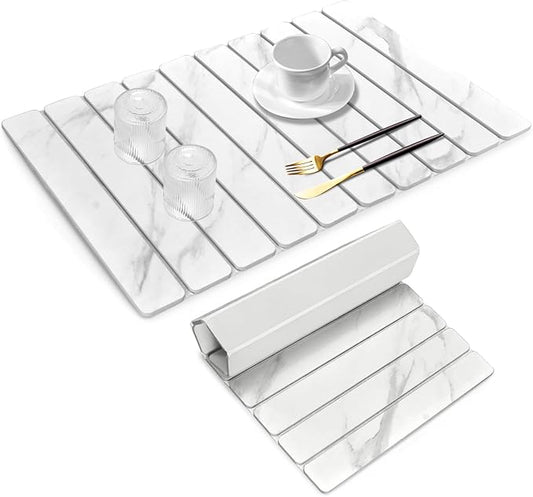 Large Stone Dish Drying Mats for Kitchen Counter, 24"(L)×16"(W) Marble-Pattern, Fast Drying Collapsible Dish Drying Mat, Eco-Friendly Absorbent Diatomaceous Earth Mats for Tableware, Match Countertop by Lprmnnc