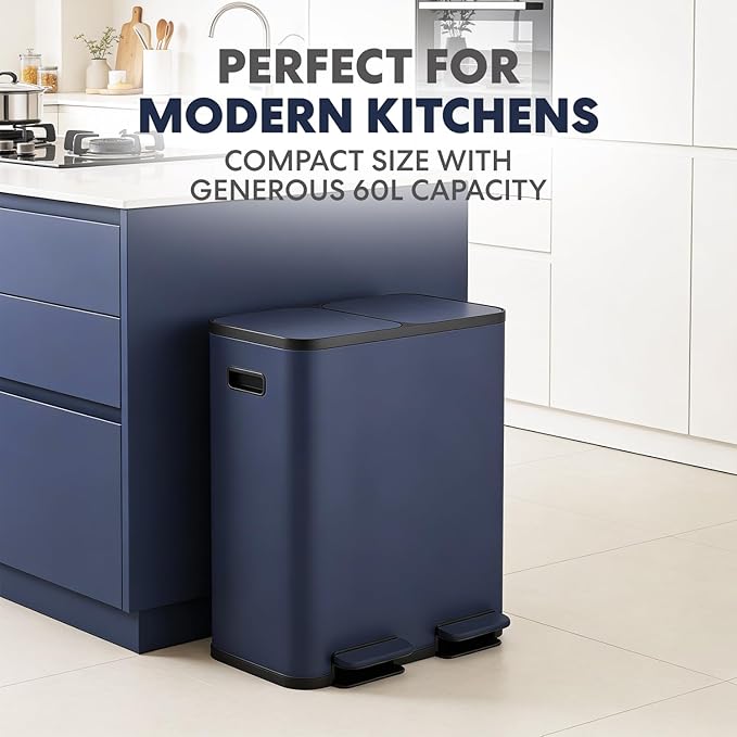 Simpli-Magic 60 Liter / 16 Gallon Rectangular Hands-Free Dual Compartment Recycling Kitchen Step Trash Can with Soft-Close Single Lid, Stainless Steel (30L x 30L Capacity) Blue - Image 6