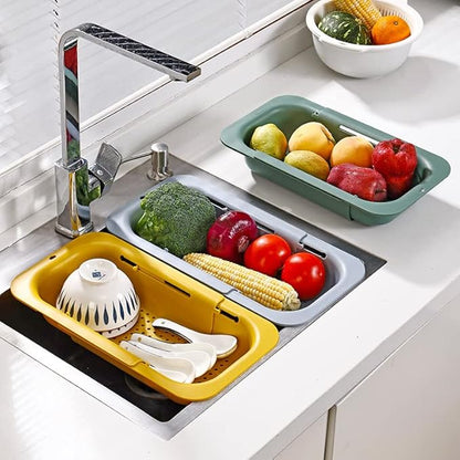 NIWWIN Collapsible Kitchen Colander Strainer, Expandable Over the Sink Colander for Kitchen, Adjustable Silicone Portable Sink Strainer, Foldable Wash Fruits Vegetables Noodle Basket (Green)
