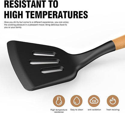 Silicone Cooking Utensils Set - AVGPD Silicone Kitchen Utensils for Cooking Wooden Handles, 446°F Heat Resistant Kitchen Utensil Spatula Sets, Gadgets for Non-Stick Cookware BPA FREE (Black) - Image 7