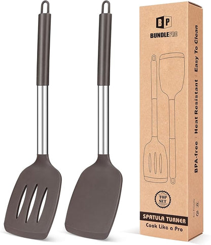 Pack of 2 Silicone Solid Turner, Non Stick Slotted Kitchen Spatulas, High Heat Resistant BPA Free Cooking Utensils, Ideal Cookware for Fish, Eggs, Pancakes(Chocolate) by BUNDLEPRO