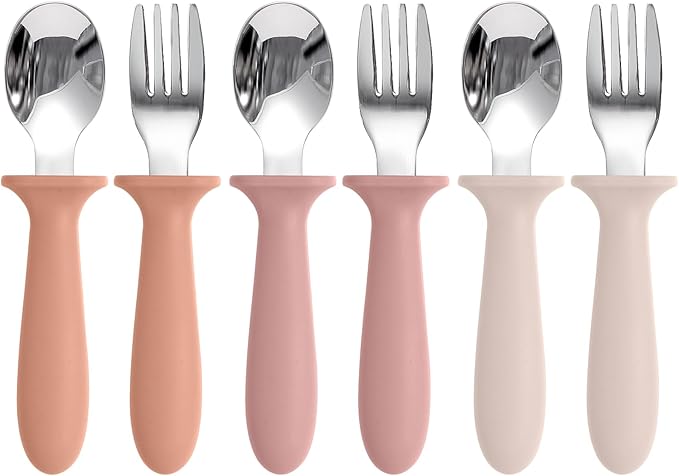 Eascrozn Toddler Spoons and Forks Set, 6 Pack Kids Silverware with Silicone Handle, BPA Free, 18/8 Stainless Steel Children Safe Toddler Utensils, Dishwasher Safe by Eascrozn