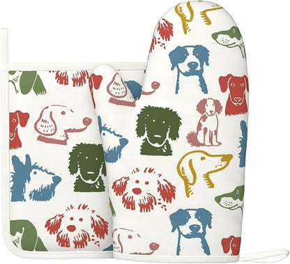 Cute Colorful Dog Puppy Silicone Oven Mitts Pan Mats Set of 2, Heat Resistant Gloves Potholder with Non-Slip Grips Hanging Loops Pot Holder, Spring Summer for Chef Cooking, Baking, Grilling, BBQ