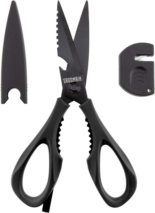 Kitchen Scissors All Purpose, Extra Sharp Kitchen Shears with Knife Sharpener & Sheath, Solid & Durable Stainless Steel Scissors with ANTI-RUST Black Titanium Plated, Dishwasher Safe - Black