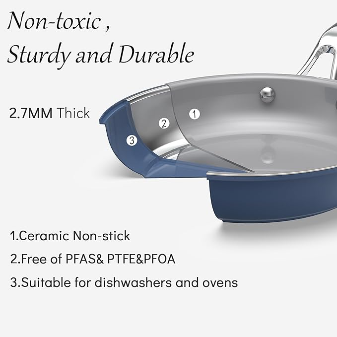 10-Piece Nonstick Ceramic Cookware Set, Non-Toxic Ceramic Coated Aluminum Pots and Pans with Lids, PFAS & PFOA &PTFE Free, Induction Compatible, Healthy Essential Kitchen Set -（Blue)