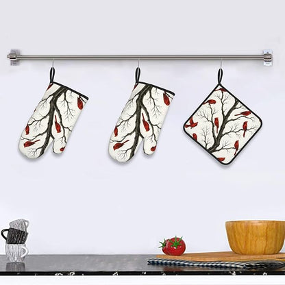 Christmas Pot Holders and Oven Mitts Set of 3,Winter Red Cardinal Kitchen Gloves Hot Pads for Oven Baking Cooking BBQ Grilling,Cardinals Kitchen Decor & Christmas Cardinal Gifts for Women