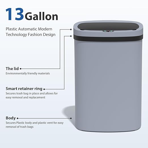 13 Gallon/50 L Kitchen Trash Can with Lid, Garbage Can with Touch-Free Lid, Cute Automatic Trash Can Bathroom Trash Bin, Motion Sensor Waterproof Trash Bin