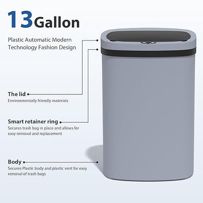 13 Gallon/50 L Kitchen Trash Can with Lid, Garbage Can with Touch-Free Lid, Cute Automatic Trash Can Bathroom Trash Bin, Motion Sensor Waterproof Trash Bin