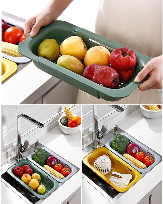 NIWWIN Collapsible Kitchen Colander Strainer, Expandable Over the Sink Colander for Kitchen, Adjustable Silicone Portable Sink Strainer, Foldable Wash Fruits Vegetables Noodle Basket (Green)