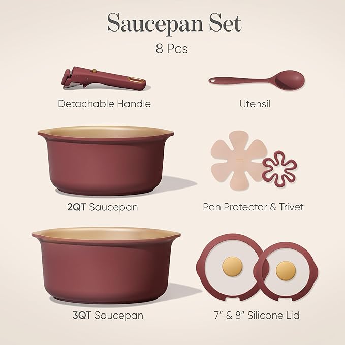 CAROTE 2.0Qt & 3.0Qt Titanium Nonstick Reinforced Sauce Pan Sets with Lid, Non-Stick Saucepans Cookware Set with Pour Spout with Detachable Handle, PFOS, PFOA Free, Induction Comptable, Burgundy - Image 2