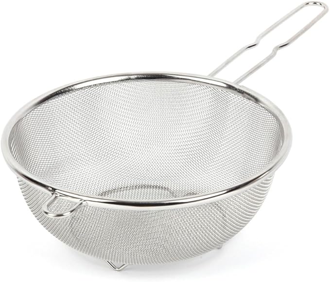 8″ Stainless Steel Fine Mesh Strainer with Feet – Standing Colander with Handle for Strain, Sift, Drain & Rinse Vegetables, Fruits & Pasta by SISEM