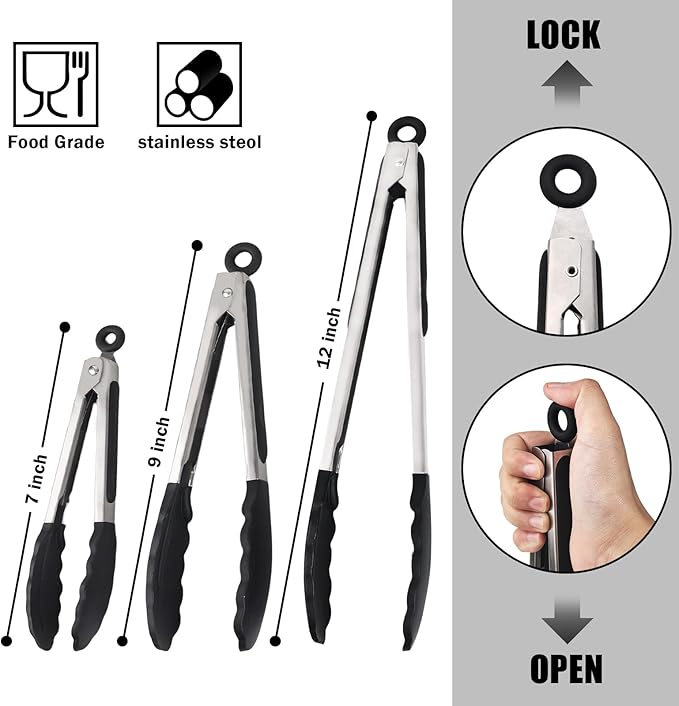 Kitchen Tongs with Silicone Tips, Kitchen Tongs, Cooking Tongs, Premium Stainless Steel Locking Cooking Tongs, Non-Slip Food Tongs for Cooking, Heavy Duty, Non-Stick, 480℉, Set of 3-7"/9"/12" Black - Image 5