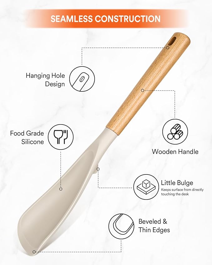 Cooking Spoon for Nonstick Cookwares, Great for Cooking and Serving Sturdy BPA-Free Matte Silicone, Wood Handle Spoon for Mixing, Scoop, and Scrape (2 Pack of Khaki, 13.4 inch) - Image 4