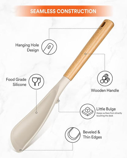 Cooking Spoon for Nonstick Cookwares, Great for Cooking and Serving Sturdy BPA-Free Matte Silicone, Wood Handle Spoon for Mixing, Scoop, and Scrape (2 Pack of Khaki, 13.4 inch) - Image 4