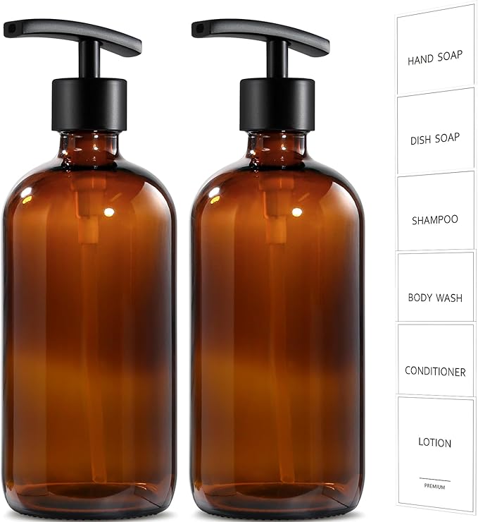 GMISUN Amber Glass Soap Dispenser, 2 Pack Bathroom Hand Soap Dispensers with Stainless Steel Pump, 17 Fl Oz Kitchen Hand and Dish Soap Dispenser Set, Modern Vintage Liquid Brown Soap Dispensers Bottle by GMISUN