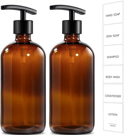 GMISUN Amber Glass Soap Dispenser, 2 Pack Bathroom Hand Soap Dispensers with Stainless Steel Pump, 17 Fl Oz Kitchen Hand and Dish Soap Dispenser Set, Modern Vintage Liquid Brown Soap Dispensers Bottle by GMISUN